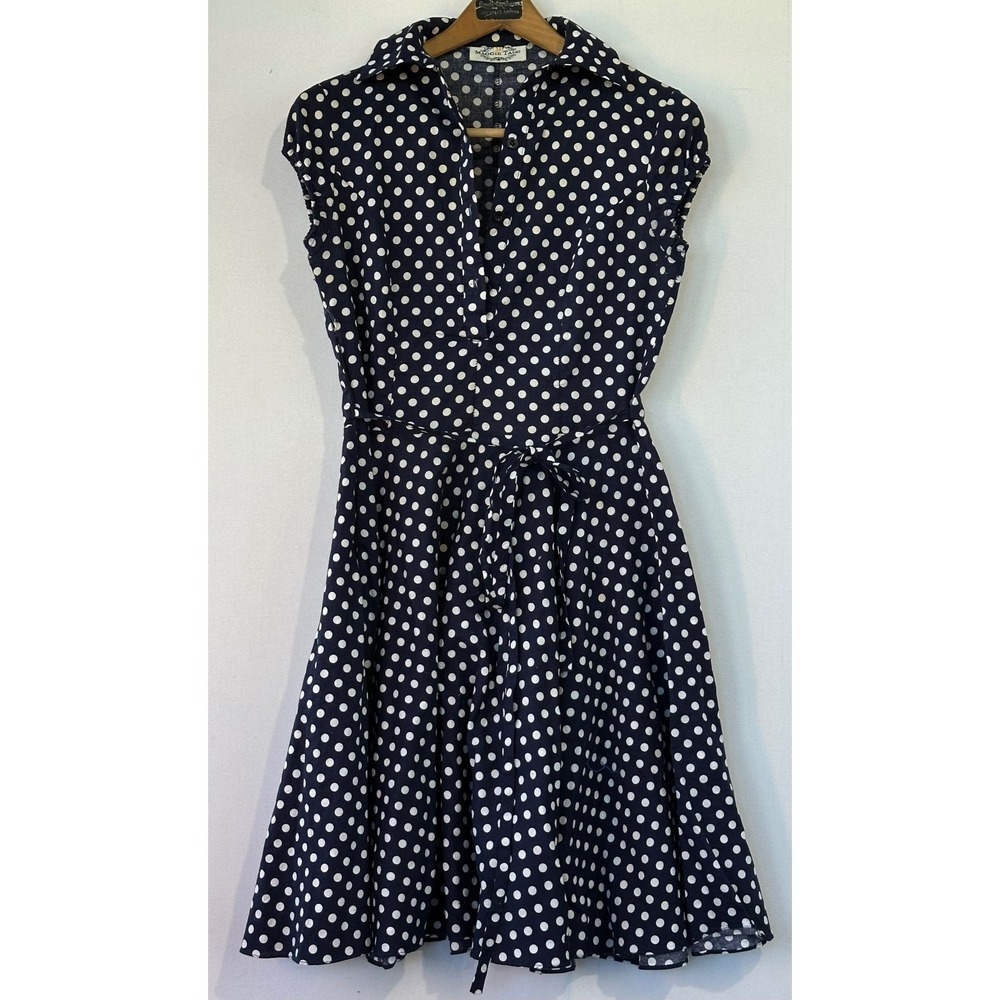 Maggie Tang Dress Polka Dot Rockabilly Retro‎ Womens Small Navy Blue
